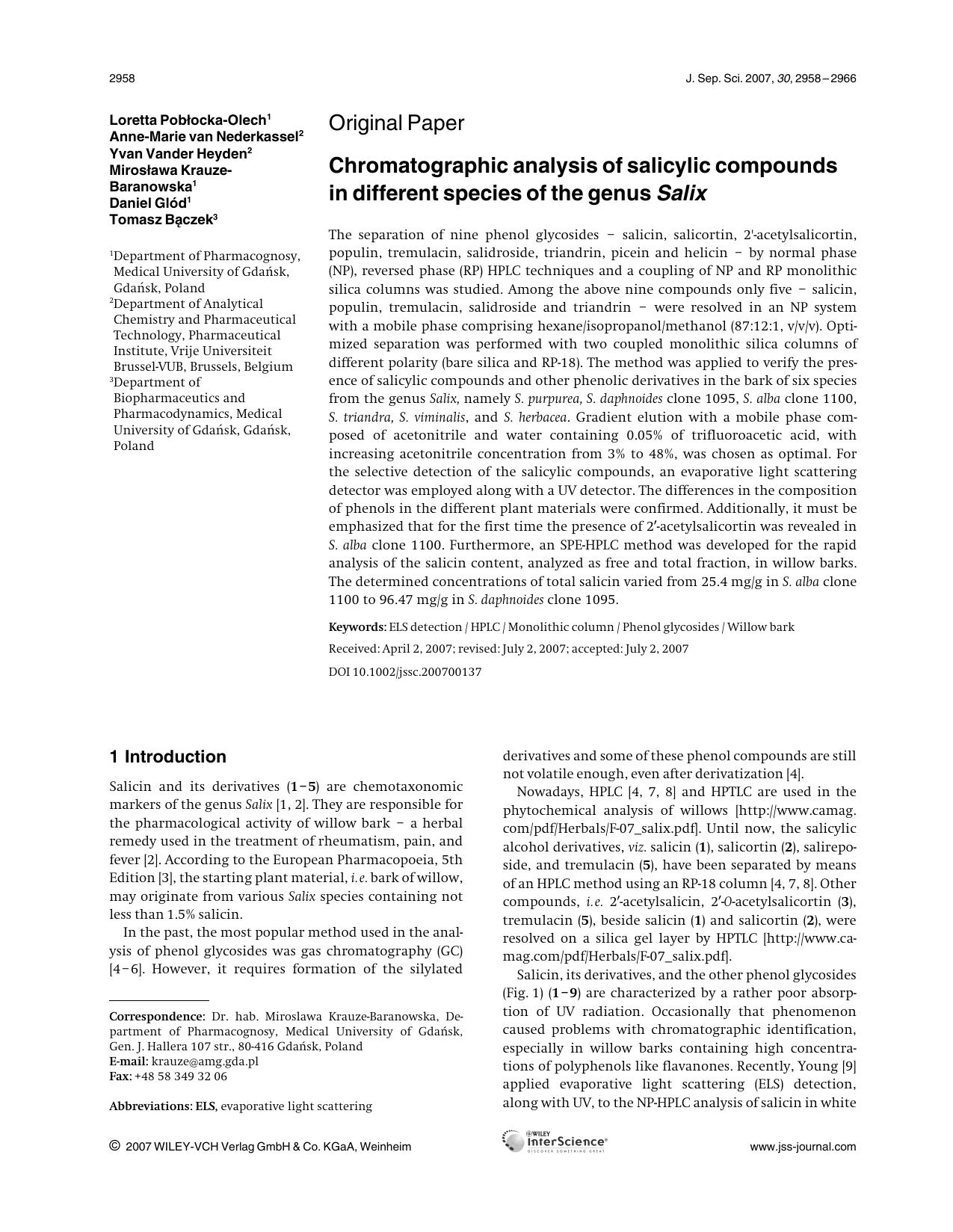 Chromatographic analysis of salicylic compounds in different species of the genus Salix by Unknown