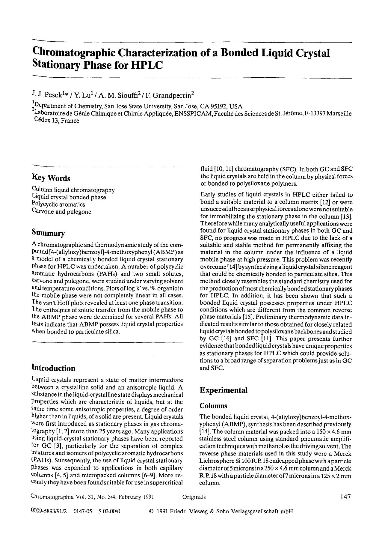 Chromatographic characterization of a bonded liquid crystal stationary phase for HPLC by Unknown