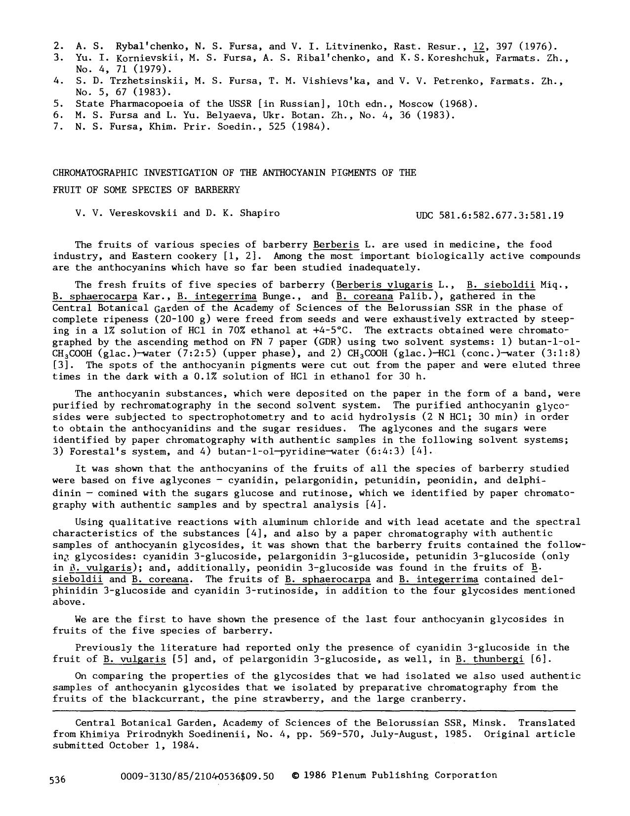 Chromatographic investigation of the anthocyanin pigments of the fruit of some species of barberry by Unknown