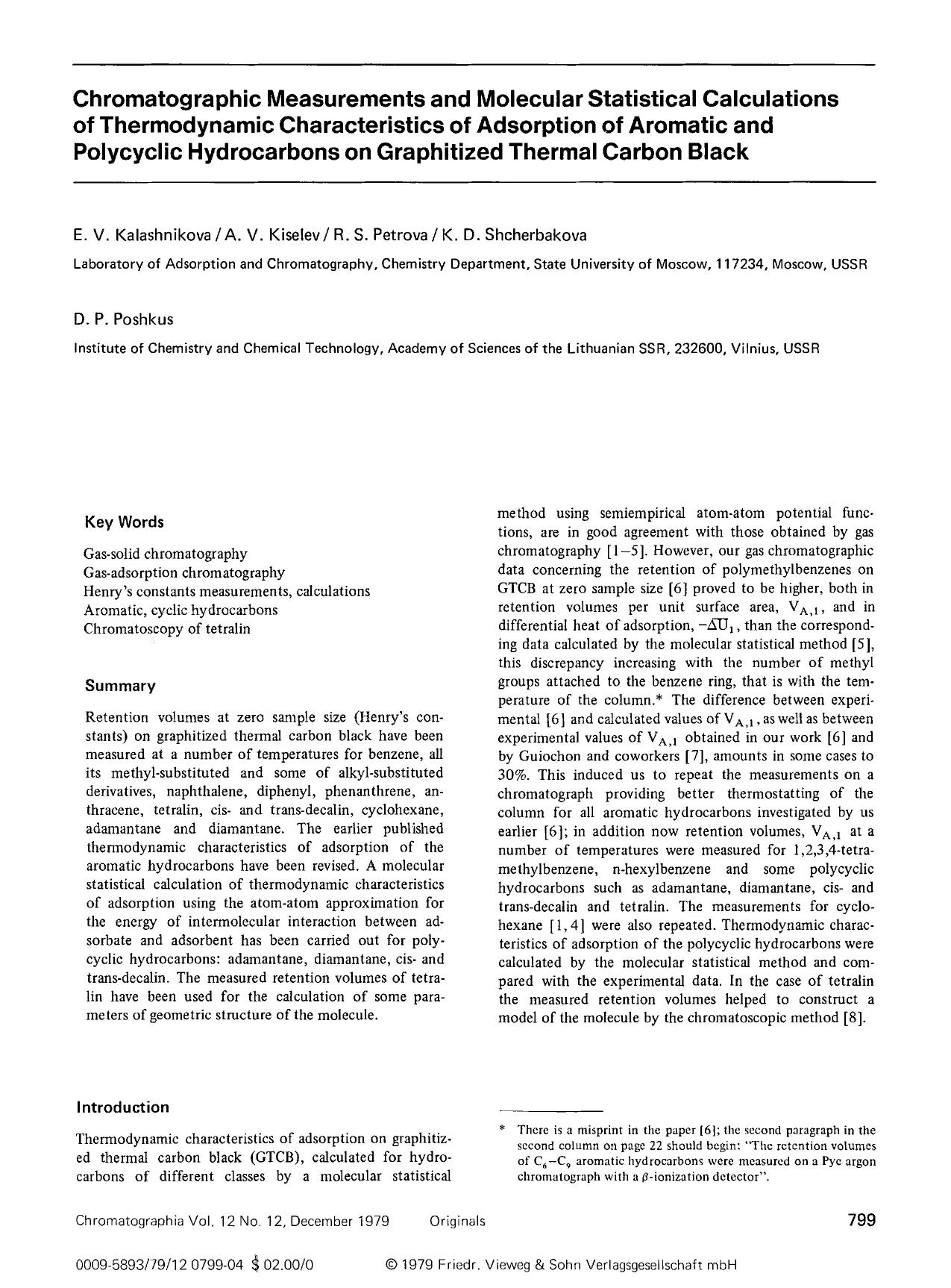 Chromatographic measurements and molecular statistical calculations of thermodynamic characteristics of adsorption of aromatic and polycyclic hydrocarbons on graphitized thermal carbon black by Unknown