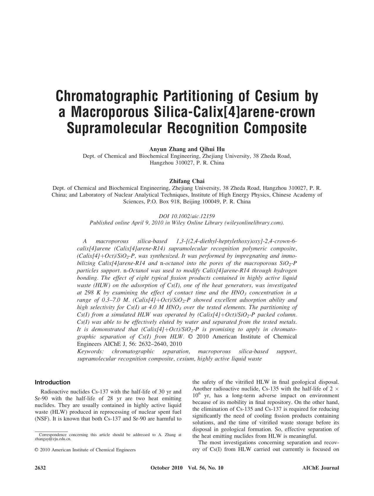 Chromatographic partitioning of cesium by a macroporous silica?calix[4]arene?crown supramolecular recognition composite by Unknown