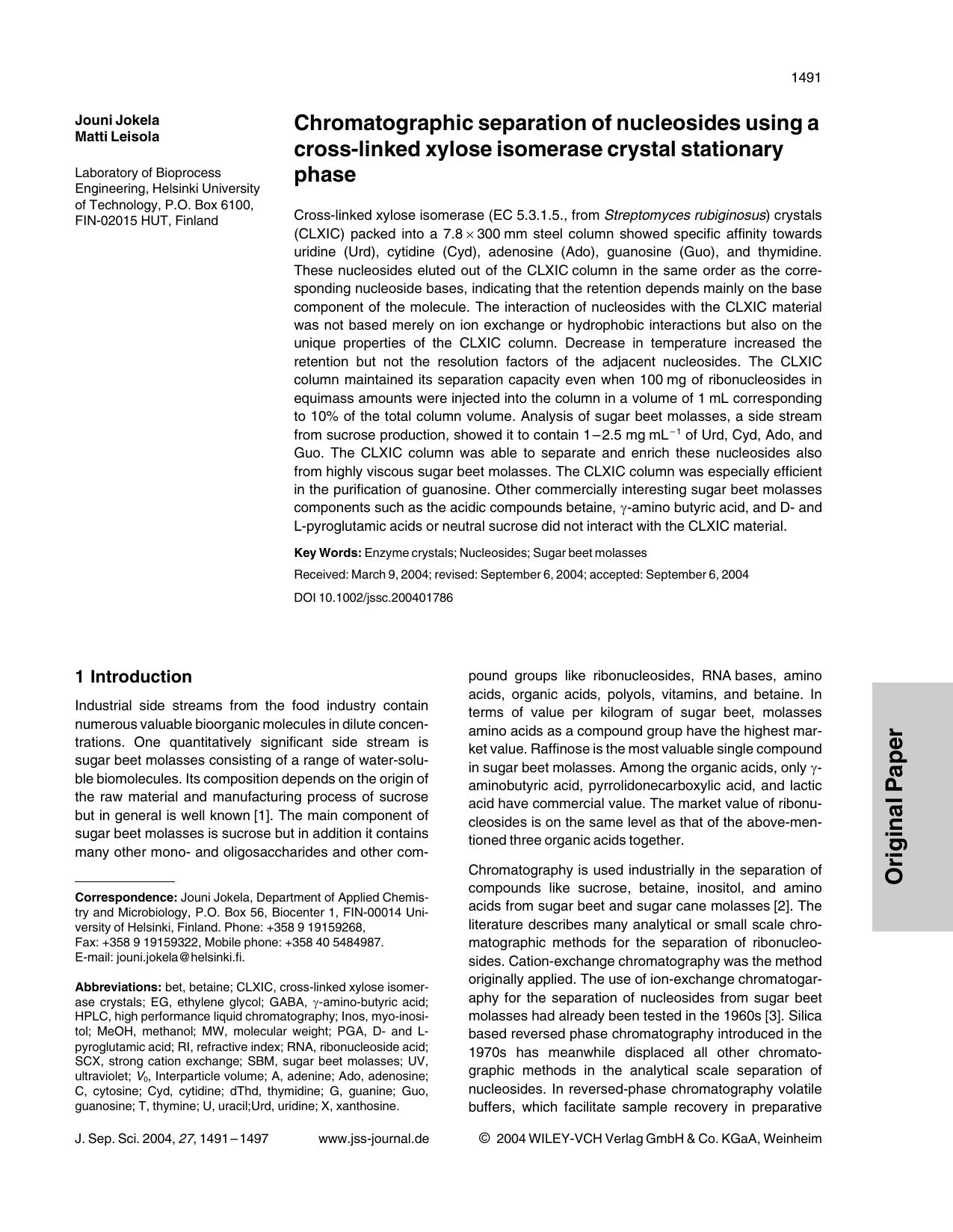 Chromatographic separation of nucleosides using a cross-linked xylose isomerase crystal stationary phase by Unknown