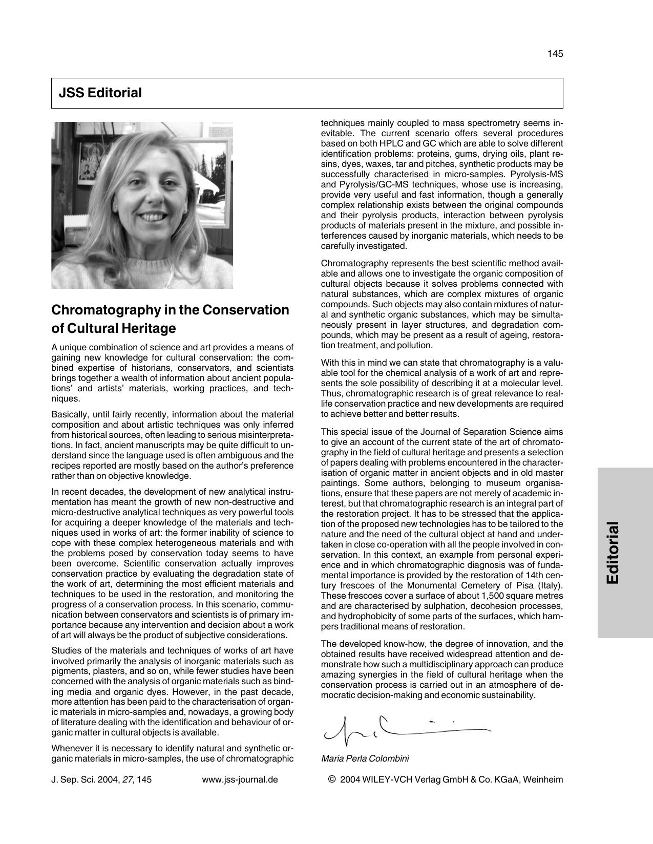 Chromatography in the Conservation of Cultural Heritage by Unknown