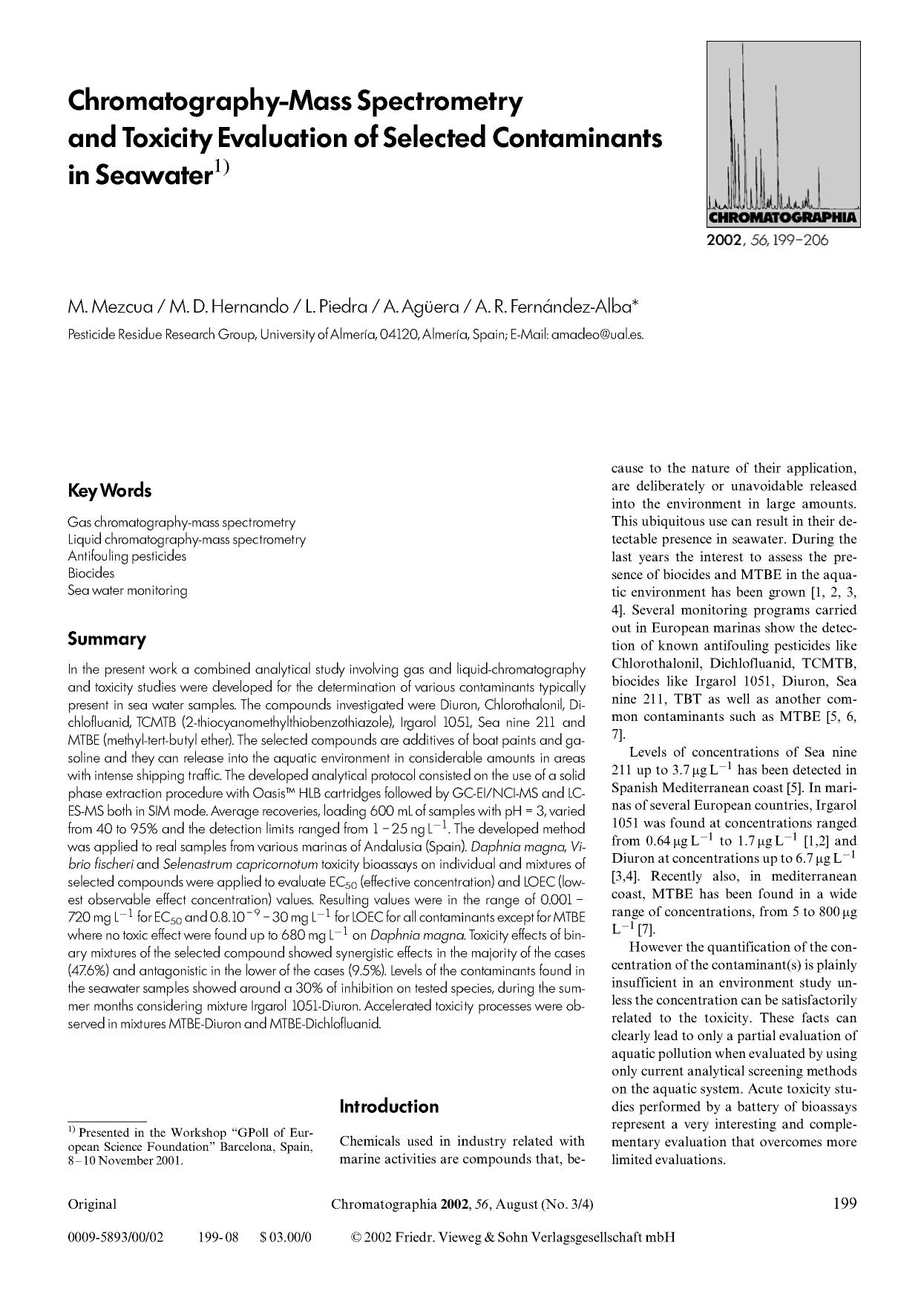 Chromatography-mass spectrometry and toxicity evaluation of selected contaminants in seawater by Unknown