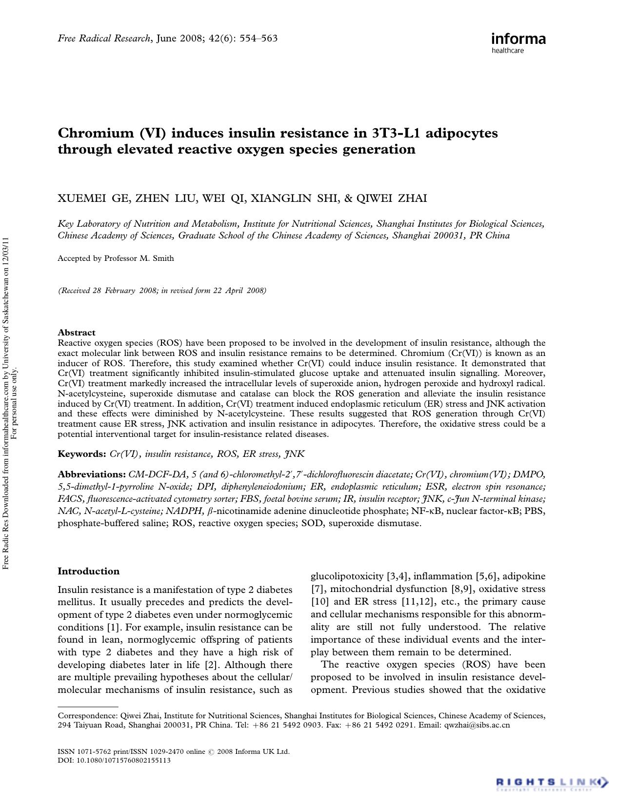 Chromium (VI) induces insulin resistance in 3T3-L1 adipocytes through elevated reactive oxygen species generation by Xuemei Ge1 Zhen Liu1 Wei Qi1 Xianglin Shi1 & Qiwei Zhai1†
