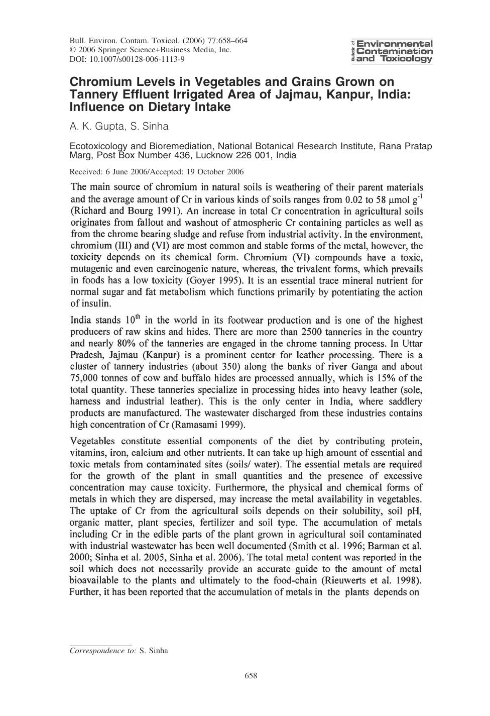 Chromium Levels in Vegetables and Grains Grown on Tannery Effluent Irrigated Area of Jajmau, Kanpur, India: Influence on Dietary Intake by Gupta A. K. et al