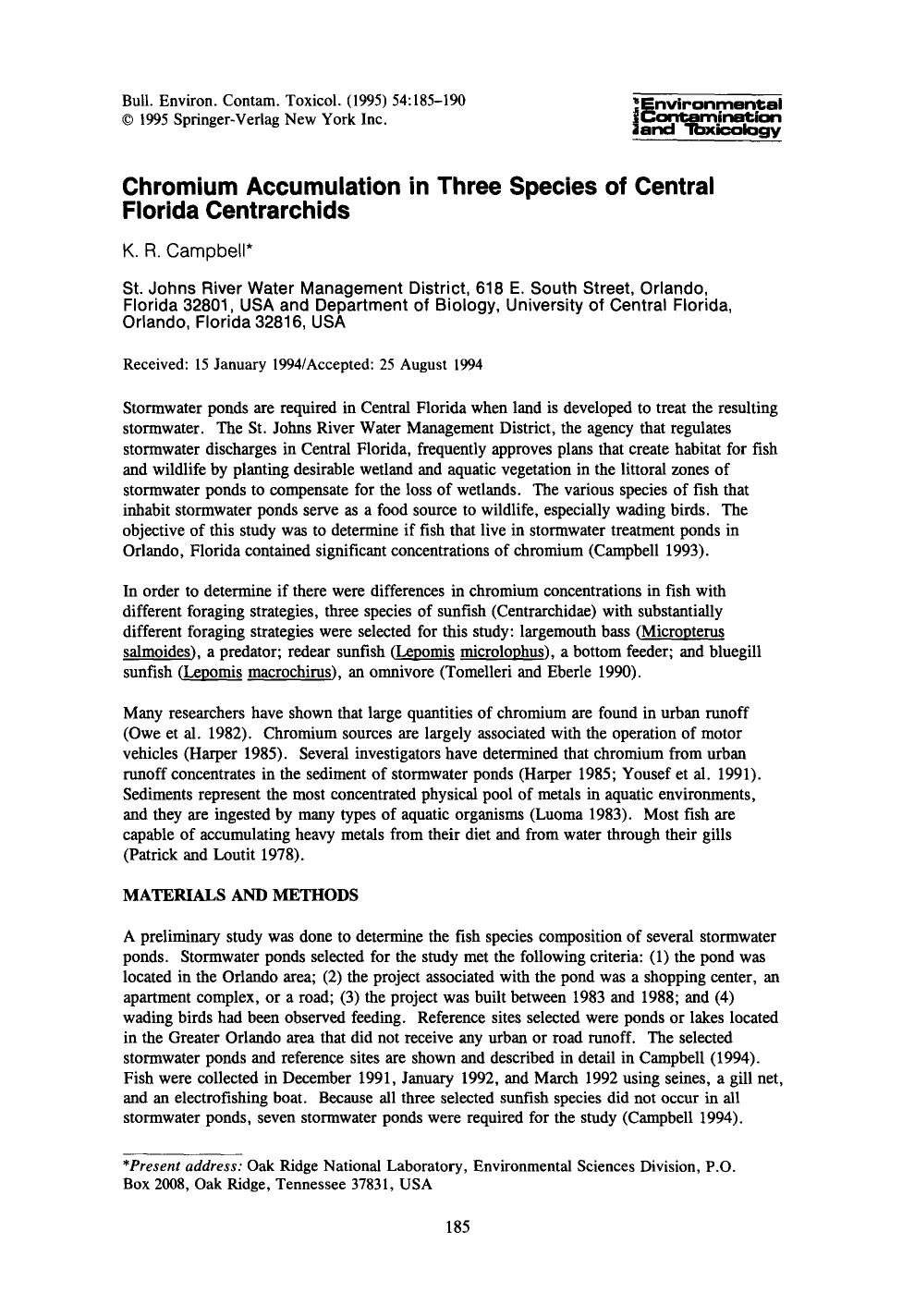 Chromium accumulation in three species of Central Florida Centrarchids by Unknown
