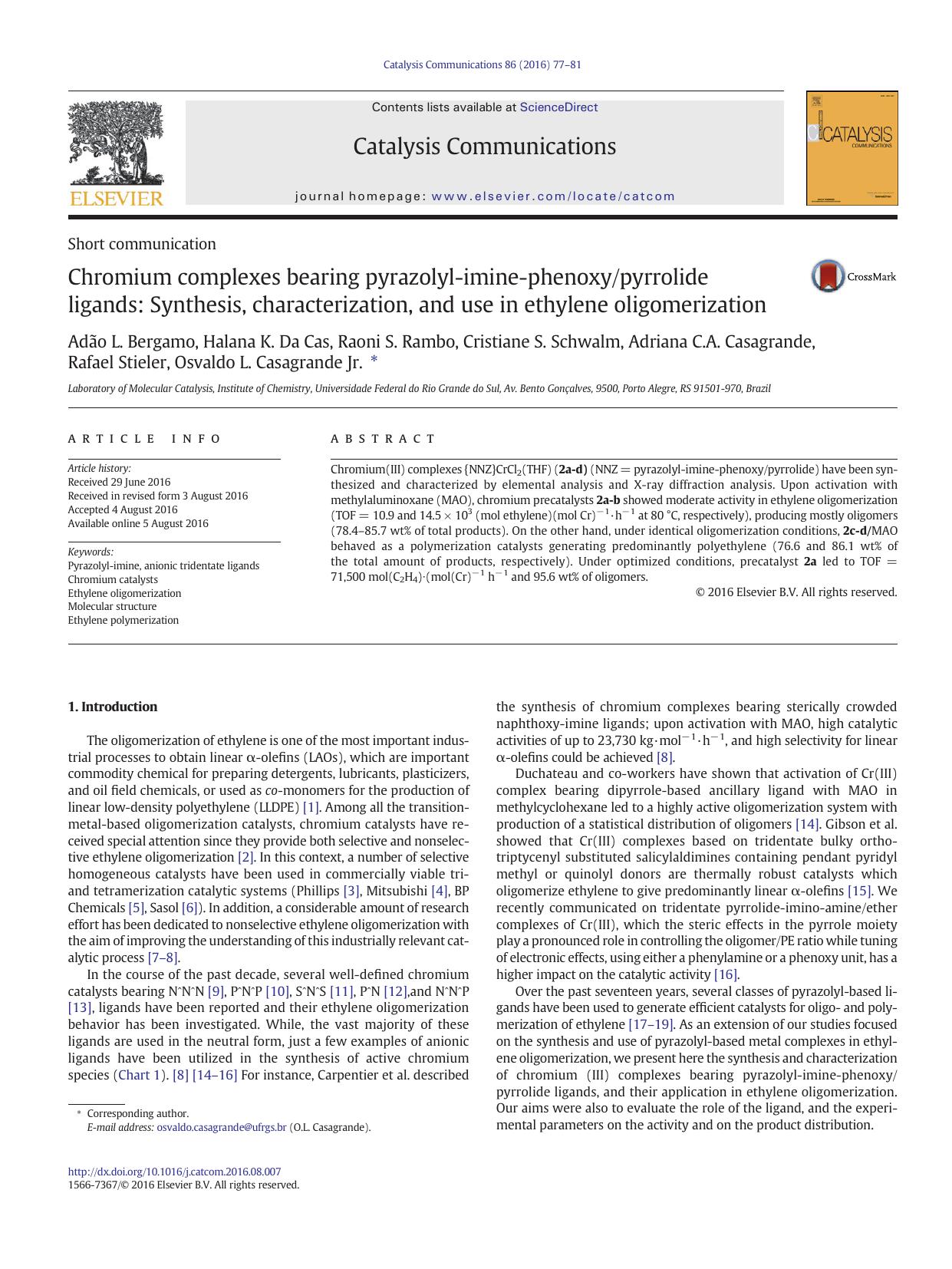 Chromium complexes bearing pyrazolyl-imine-phenoxypyrrolide ligands: Synthesis, characterization, and use in ethylene oligomerization by unknow