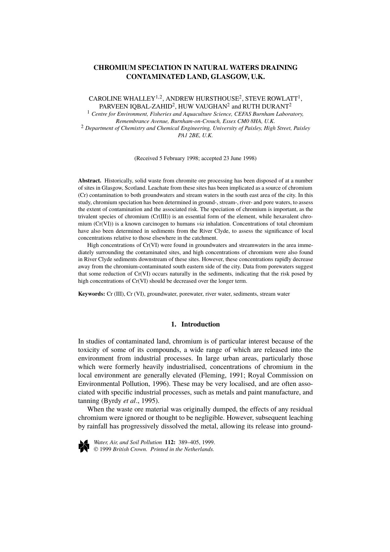 Chromium speciation in natural waters draining contaminated land, Glasgow, U.K. by Unknown