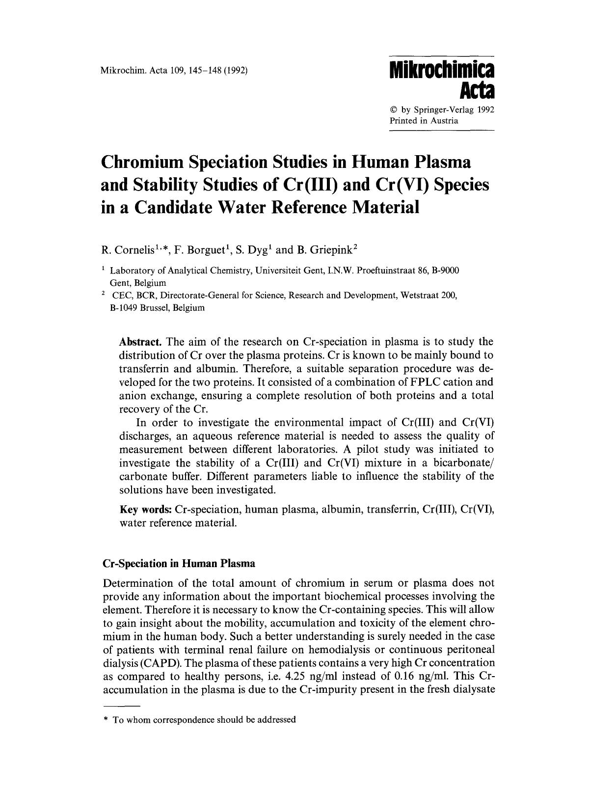 Chromium speciation studies in human plasma and stability studies of Cr(III) and Cr(VI) species in a candidate water reference material by Unknown