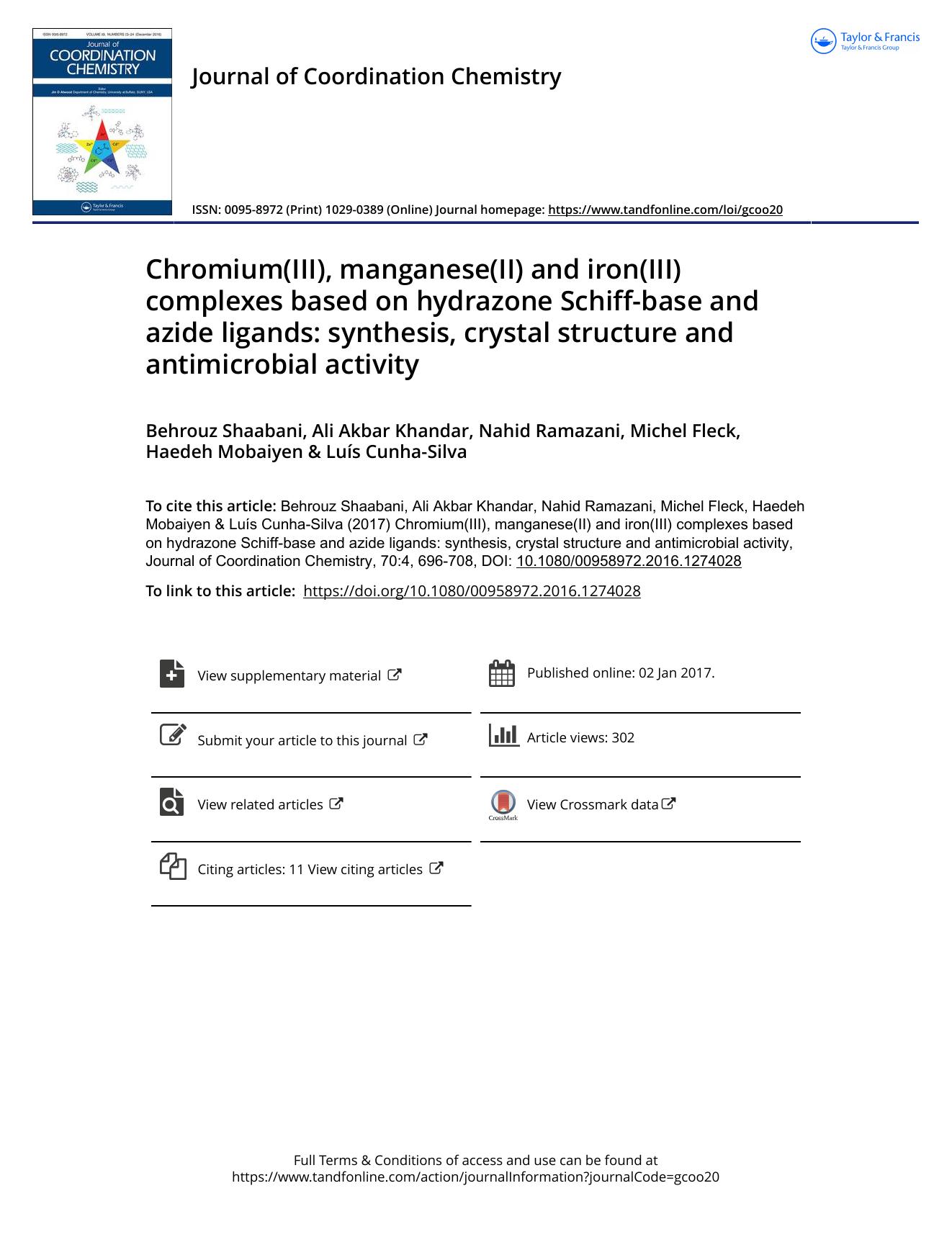 Chromium(III), manganese(II) and iron(III) complexes based on hydrazone Schiff-base and azide ligands: synthesis, crystal structure and antimicrobial activity by unknow
