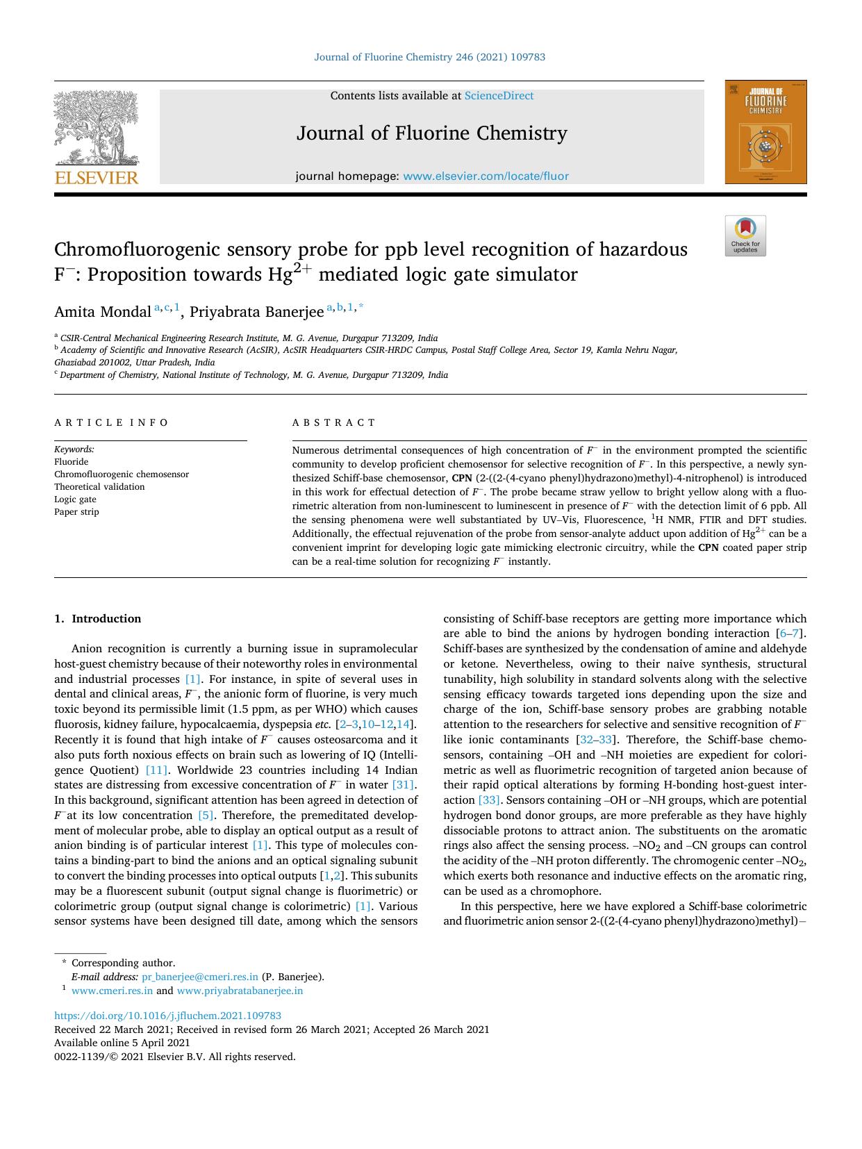 Chromofluorogenic sensory probe for ppb level recognition of hazardous F&#60;ce:sup&#62;â&#60;ce:sup&#62;: Proposition towards Hg&#60;ce:sup&#62;2&amp;#x002B;&#60;ce:sup&#62; med by Amita Mondal