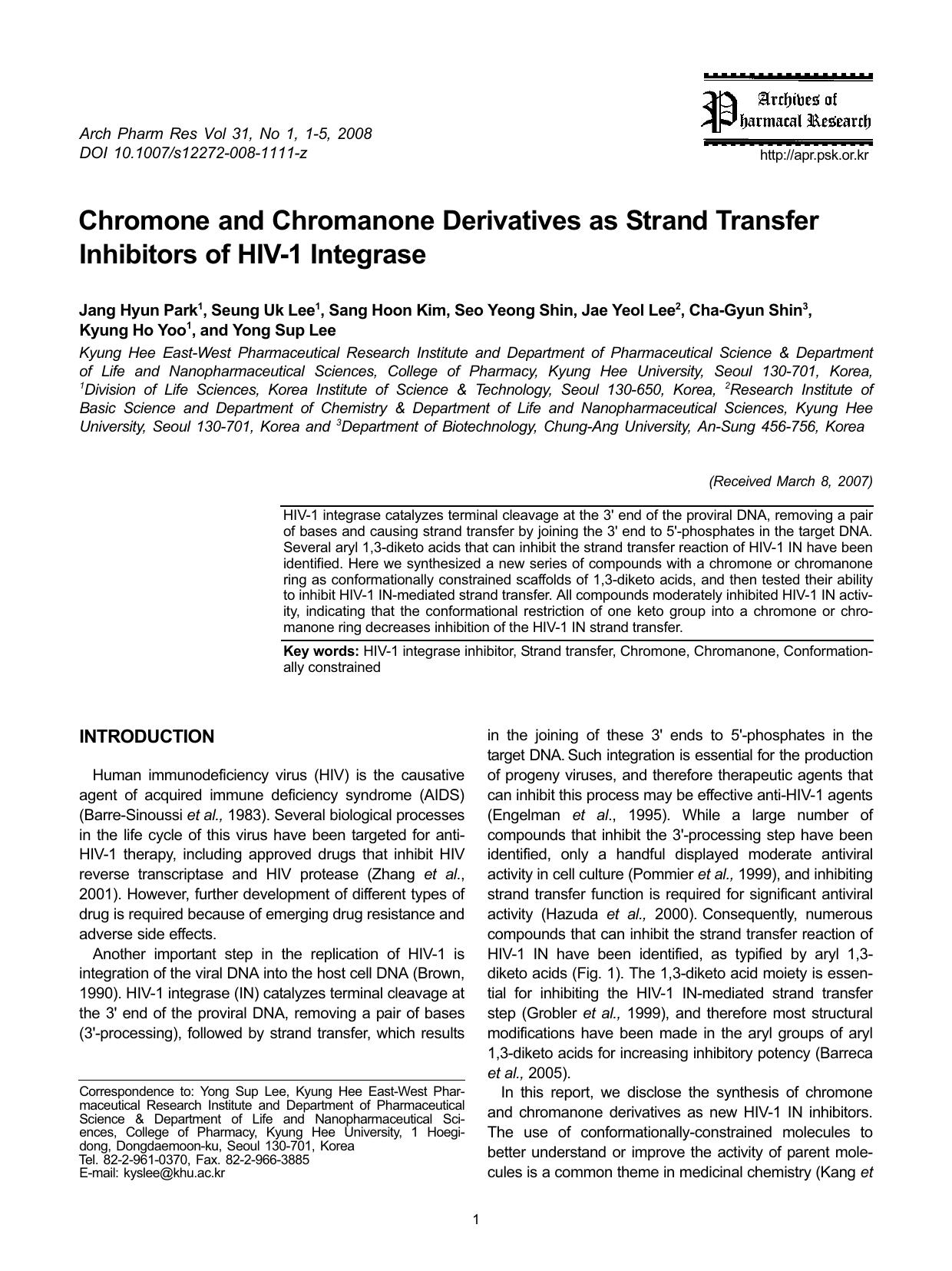 Chromone and chromanone derivatives as strand transfer inhibitors of HIV-1 integrase by Unknown