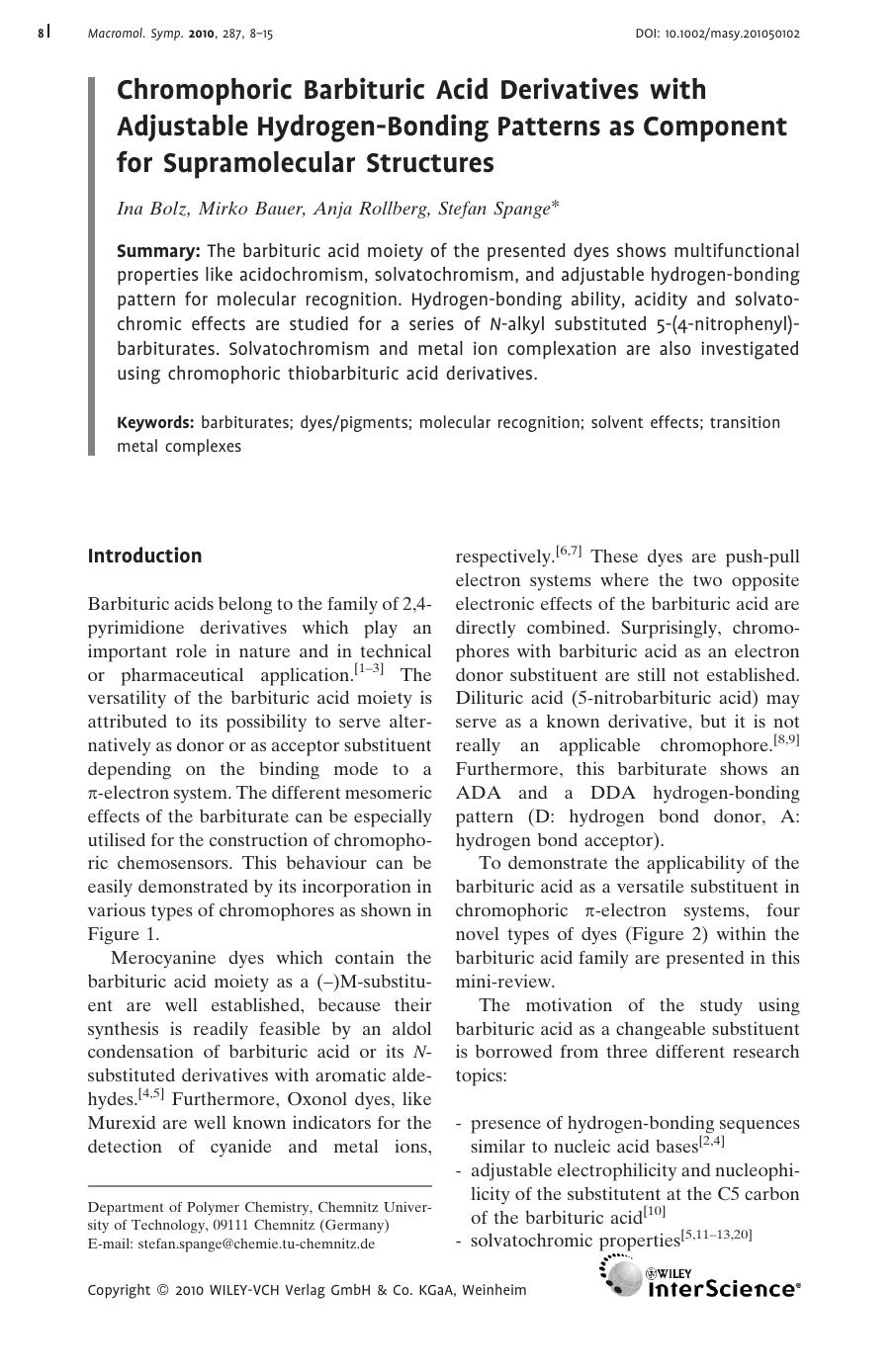 Chromophoric Barbituric Acid Derivatives with Adjustable Hydrogen-Bonding Patterns as Component for Supramolecular Structures by Unknown