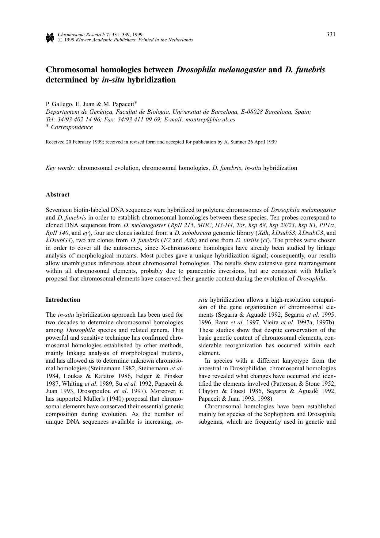 Chromosomal Homologies Between Drosophila Melanogaster and D. Funebris Determined By In-Situ Hybridization by Unknown
