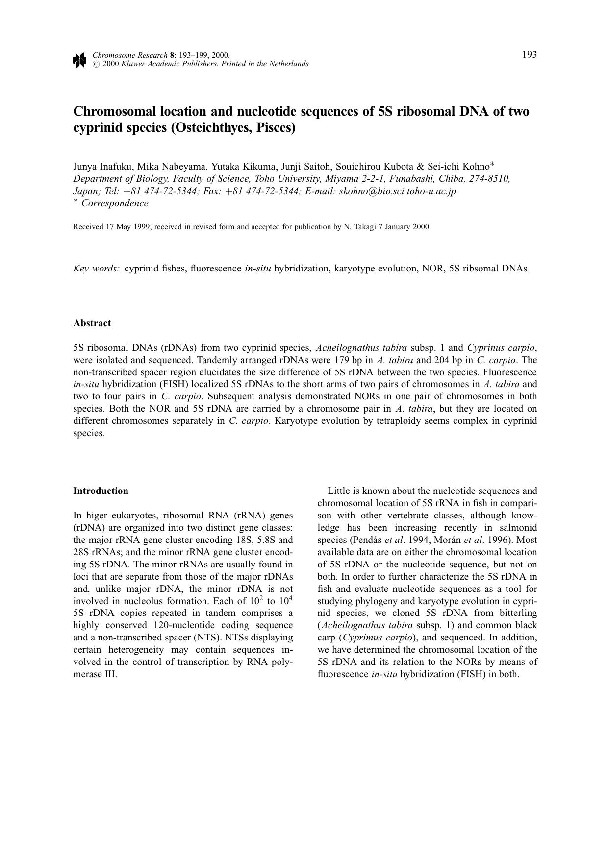 Chromosomal Location and Nucleotide Sequences of 5S Ribosomal DNA of Two Cyprinid Species (Osteichthyes, Pisces) by Unknown