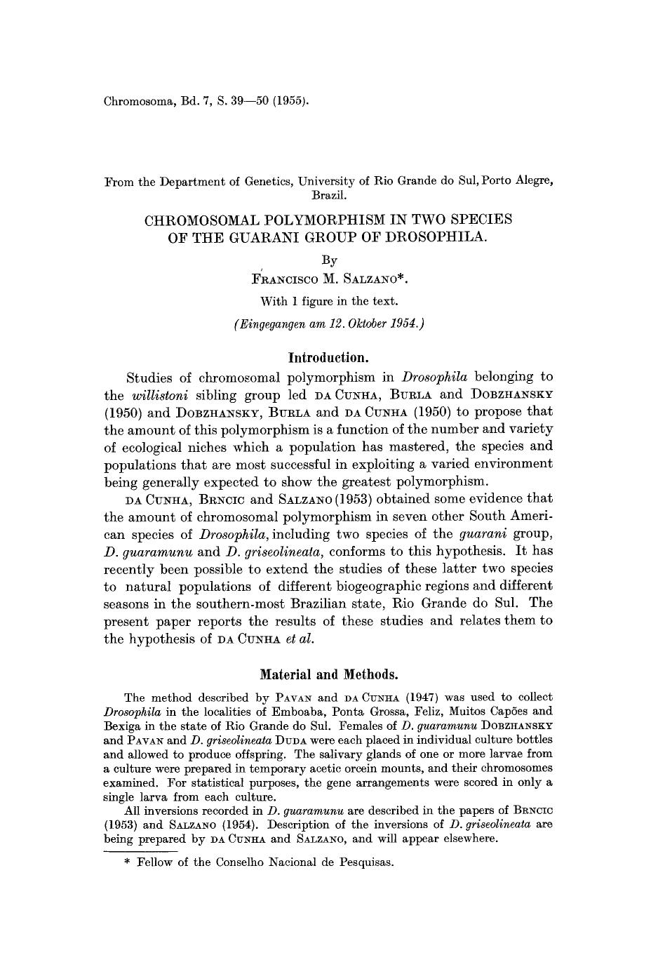 Chromosomal polymorphism in two species of the guarani group of drosophila by Unknown