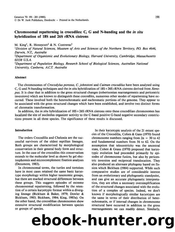 Chromosomal repatterning in crocodiles: C, G and N-banding and the  <Emphasis Type="Italic">in situ <Emphasis> hybridization of 18S and 26S rRNA cistrons by Unknown