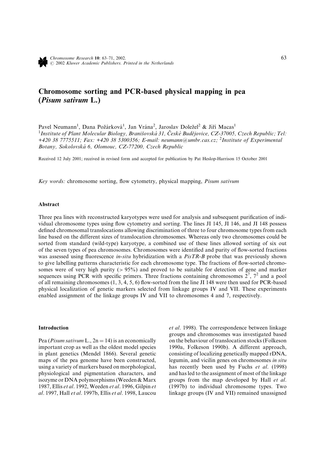 Chromosome Sorting and PCR-Based Physical Mapping in Pea (Pisum Sativum L.) by Unknown