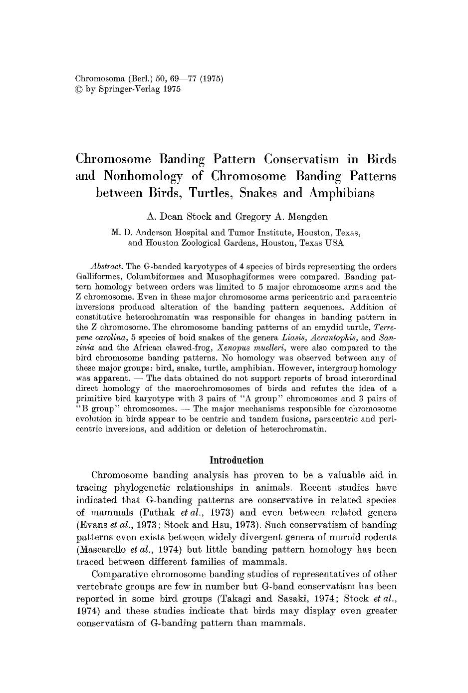 Chromosome banding pattern conservatism in birds and nonhomology of chromosome banding patterns between birds, turtles, snakes and amphibians by Unknown