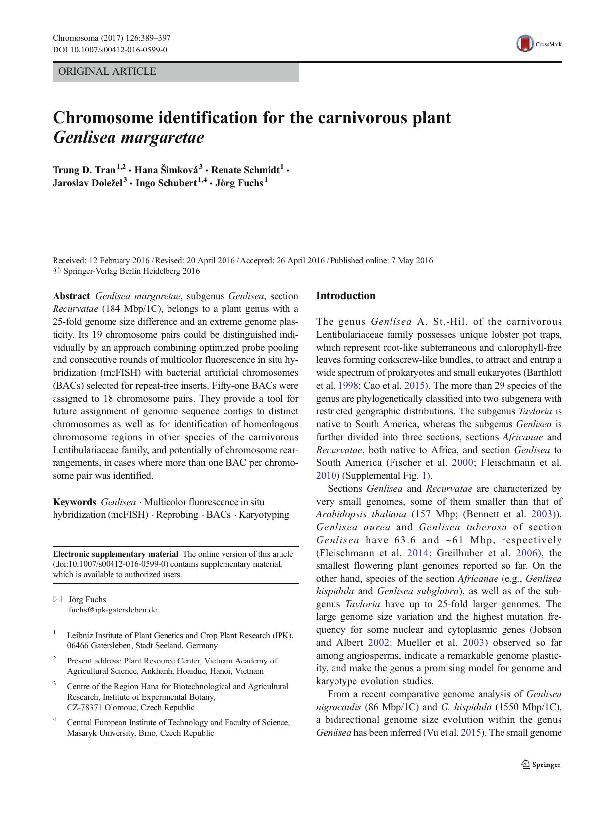 Chromosome identification for the carnivorous plant Genlisea margaretae by Trung D. Tran & Hana Šimková & Renate Schmidt & Jaroslav Doležel & Ingo Schubert & Jörg Fuchs