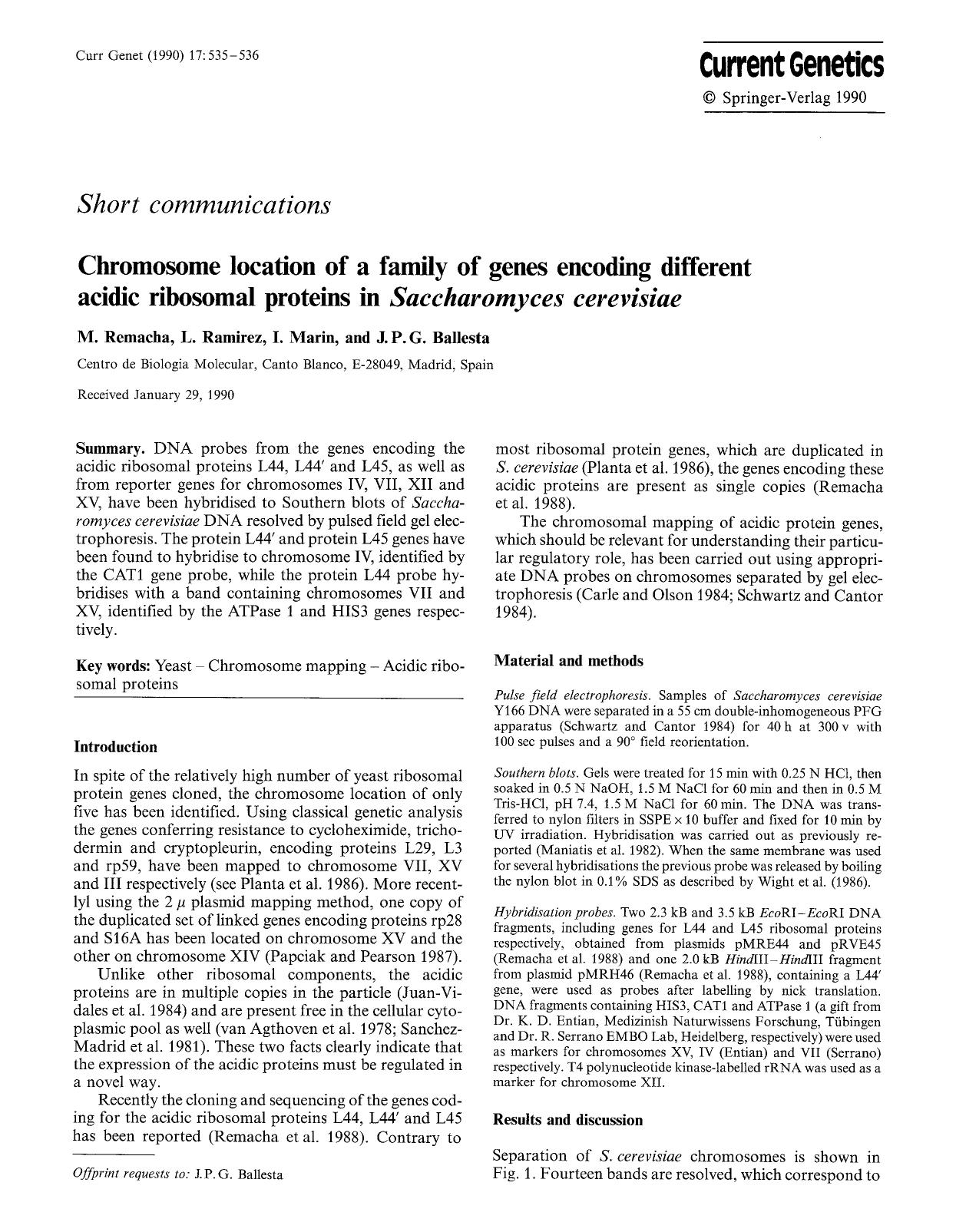 Chromosome location of a family of genes encoding different acidic ribosomal proteins in <Emphasis Type="Italic">Saccharomyces cerevisiae<Emphasis> by Unknown