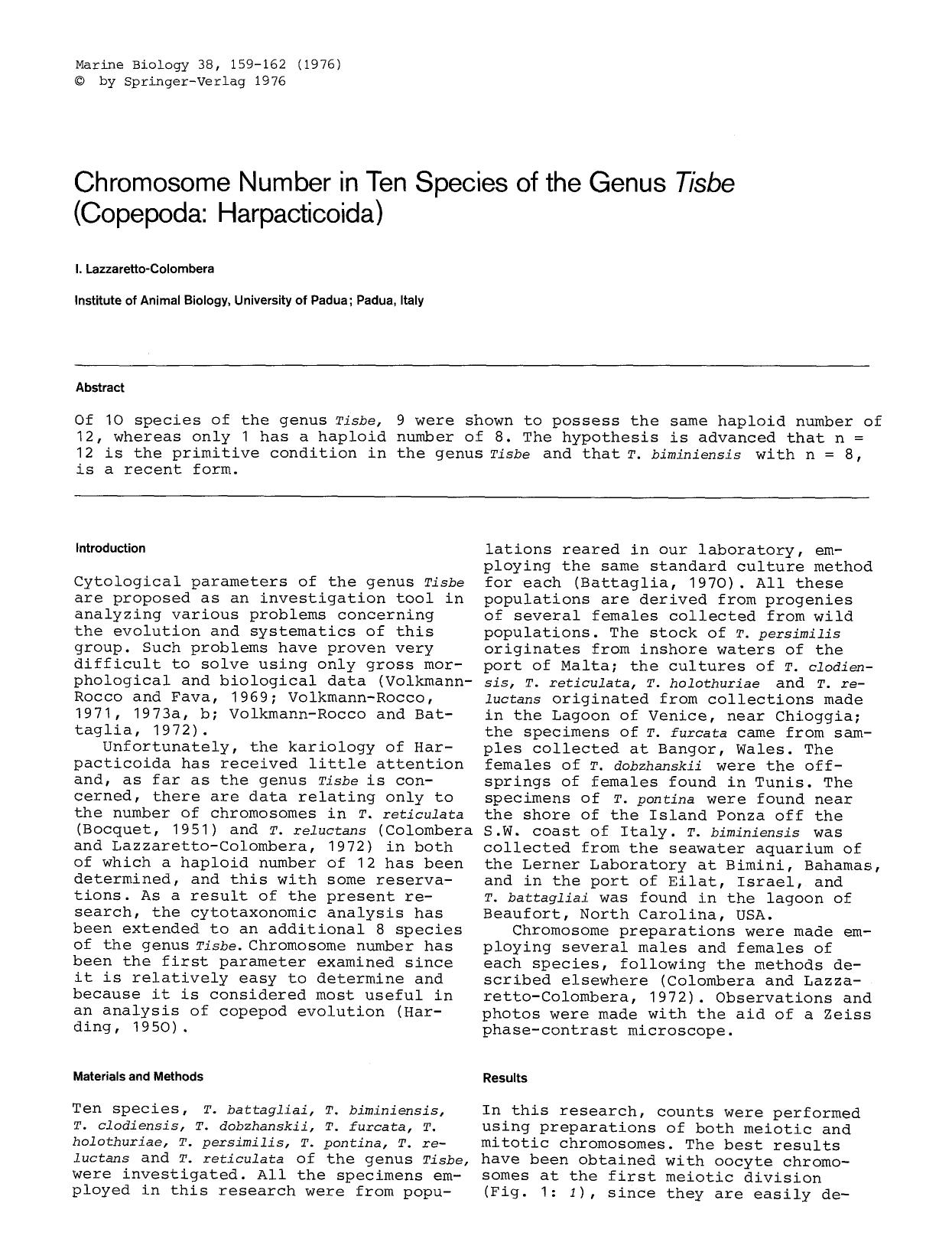 Chromosome number in ten species of the genus <Emphasis Type="Italic">Tisbe<Emphasis> (Copepoda: Harpacticoida) by Unknown
