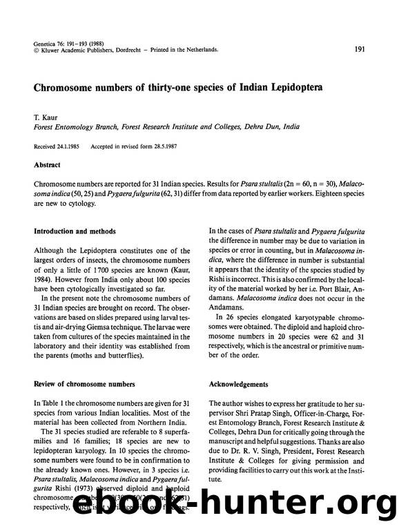 Chromosome numbers of thirty-one species of Indian Lepidoptera by Unknown