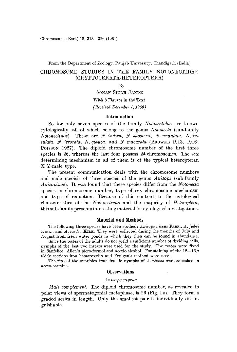 Chromosome studies in the family <Emphasis Type="Italic">Notonectidae (Cryptocerata-Heteroptera<Emphasis>) by Unknown