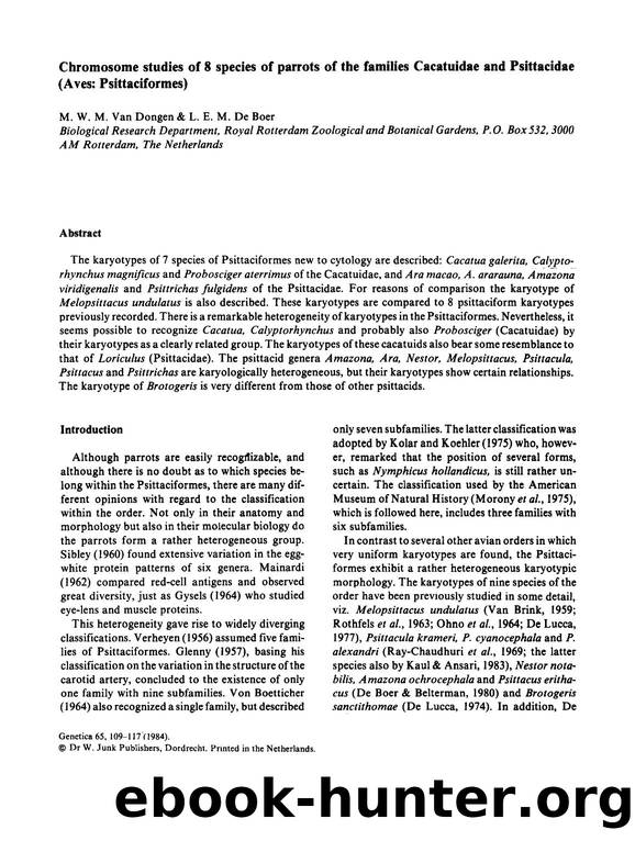 Chromosome studies of 8 species of parrots of the families Cacatuidae and Psittacidae (Aves: Psittaciformes) by Unknown