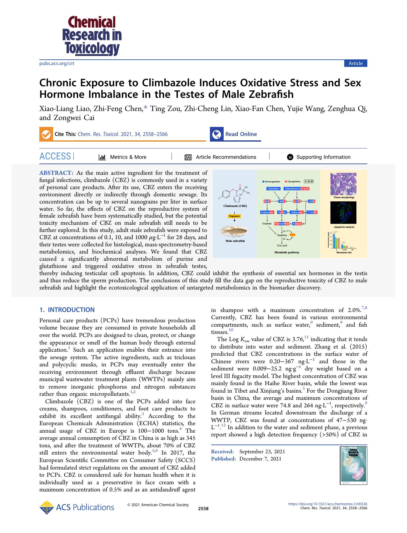 Chronic Exposure to Climbazole Induces Oxidative Stress and Sex Hormone Imbalance in the Testes of Male Zebrafish by unknow