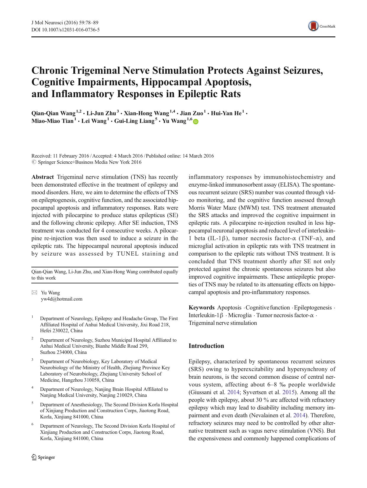 Chronic Trigeminal Nerve Stimulation Protects Against Seizures, Cognitive Impairments, Hippocampal Apoptosis, and Inflammatory Responses in Epileptic Rats by unknow