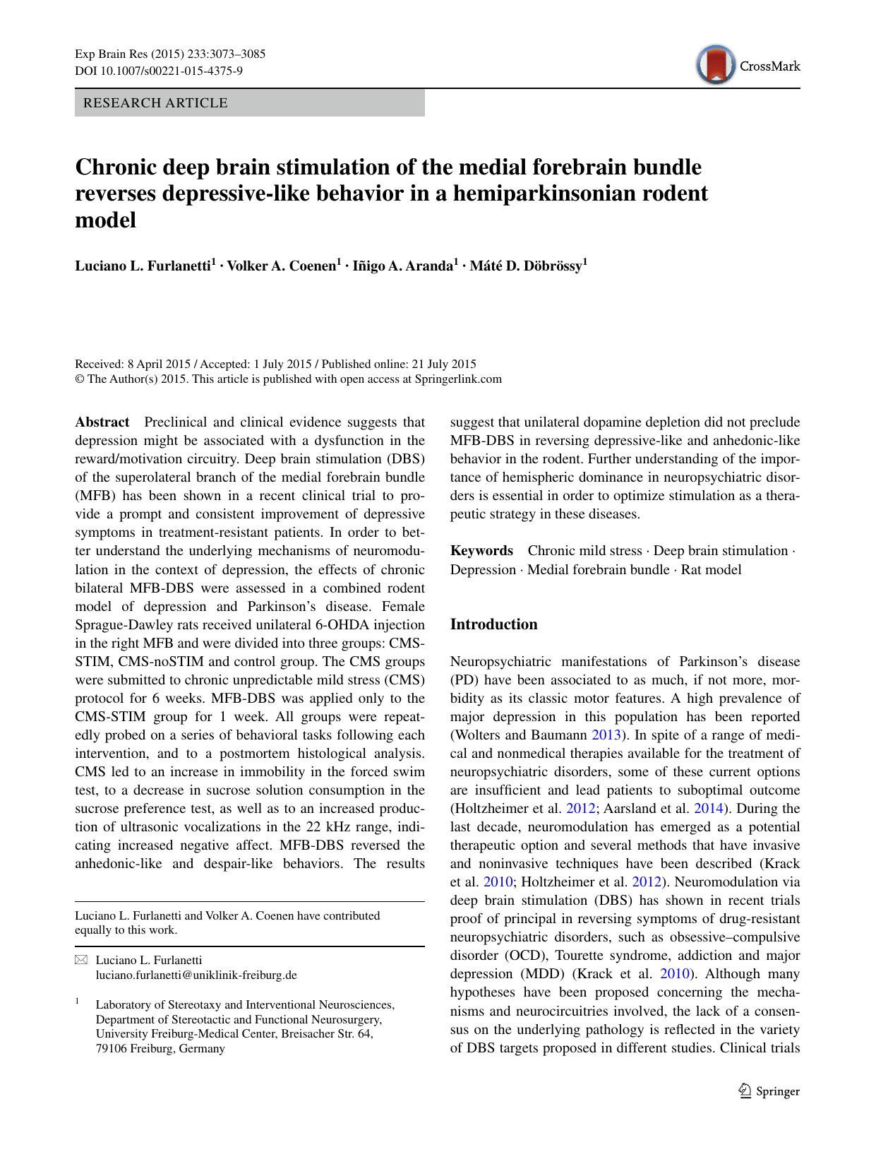 Chronic deep brain stimulation of the medial forebrain bundle reverses depressive-like behavior in a hemiparkinsonian rodent model by Luciano L. Furlanetti & Volker A. Coenen & Iñigo A. Aranda & Máté D. Döbrössy