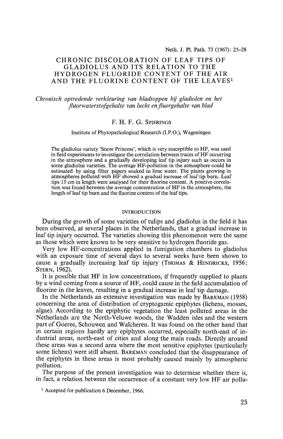 Chronic discoloration of leaf tips of gladiolus and its relation to the hydrogen fluoride content of the air and the fluorine content of the leaves by Unknown