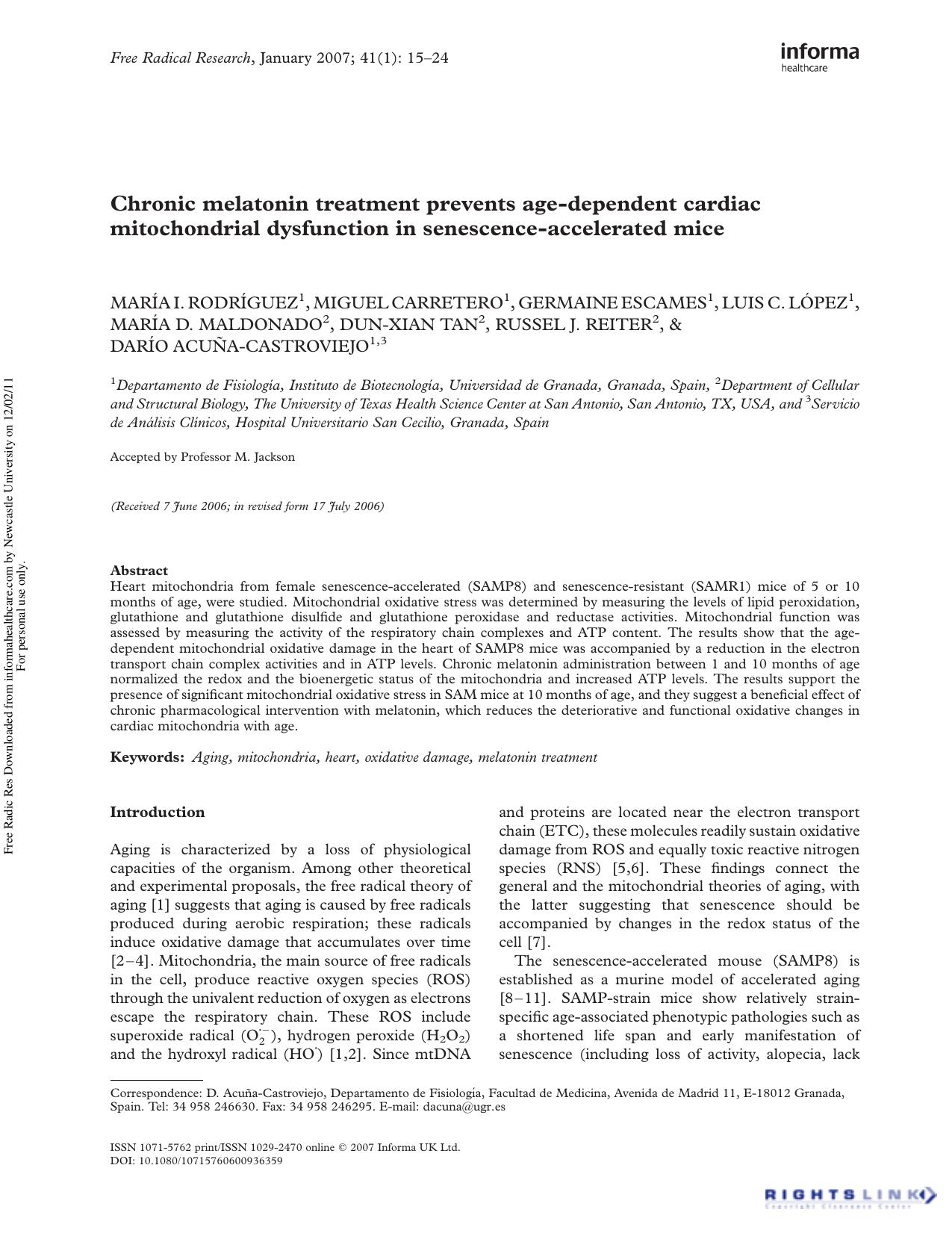 Chronic melatonin treatment prevents age-dependent cardiac mitochondrial dysfunction in senescence-accelerated mice by unknow
