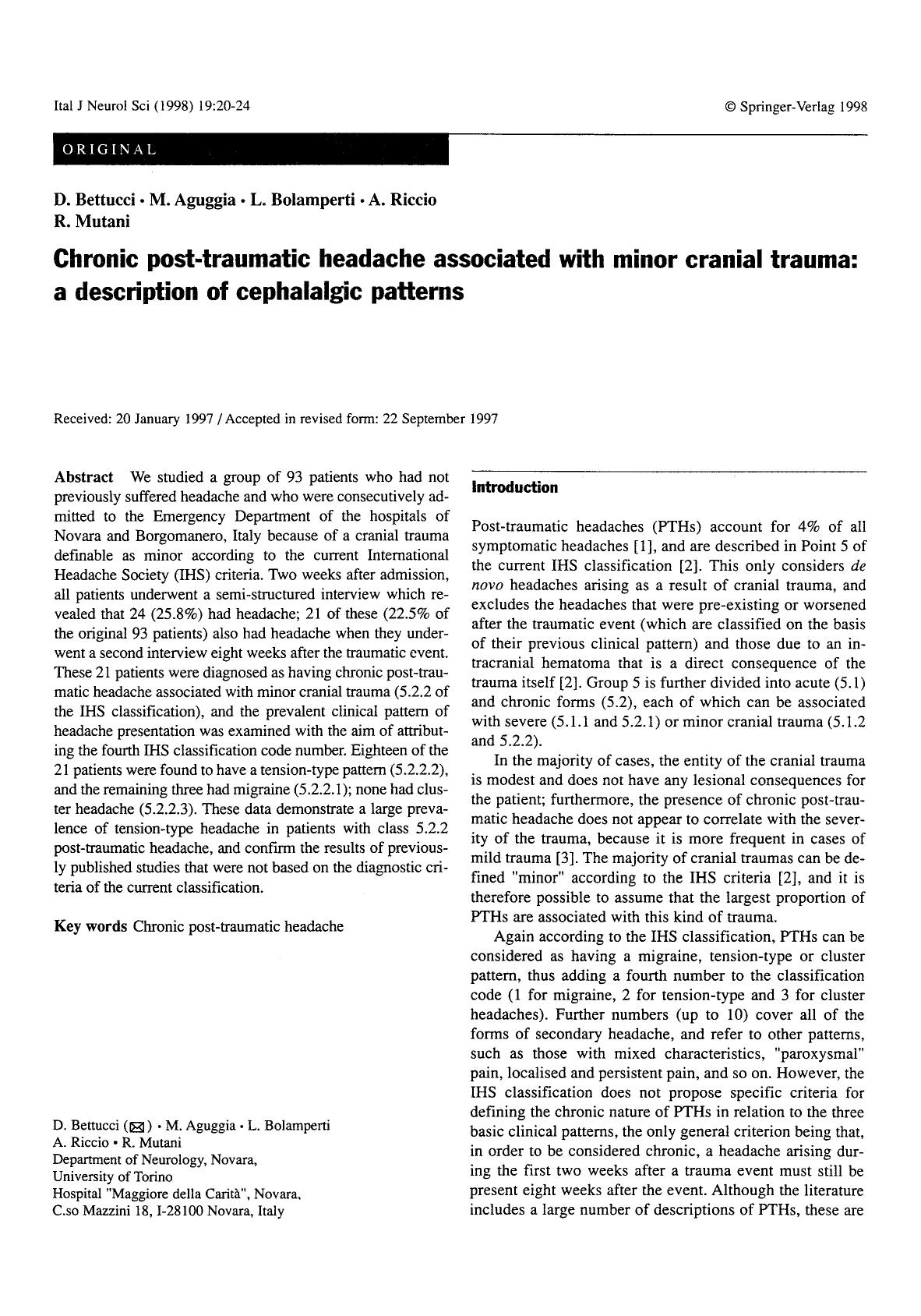 Chronic post-traumatic headache associated with minor cranial trauma: a description of cephalalgic patterns by Unknown