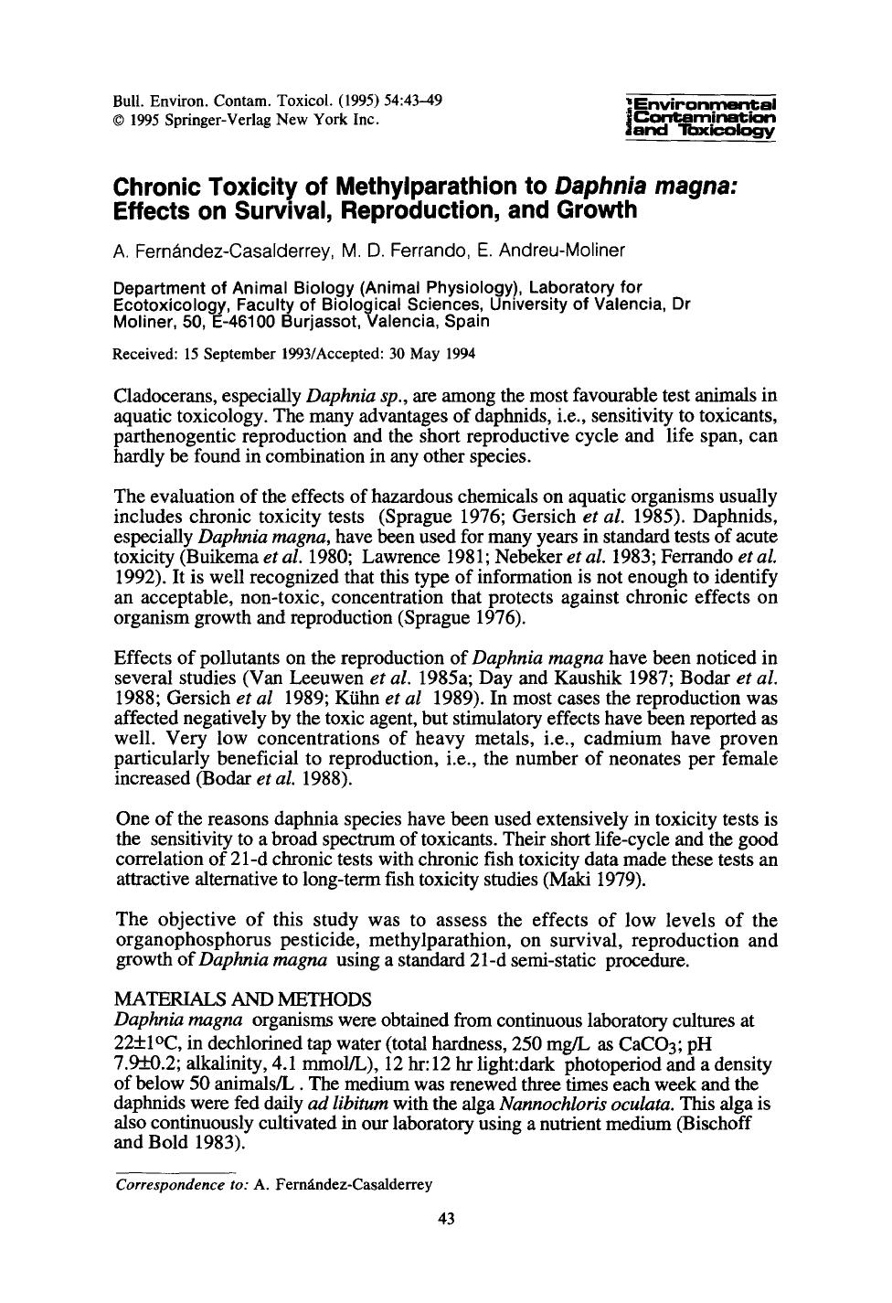 Chronic toxicity of methylparathion to <Emphasis Type="Italic">Daphnia magna:<Emphasis> Effects on survival, reproduction, and growth by Unknown