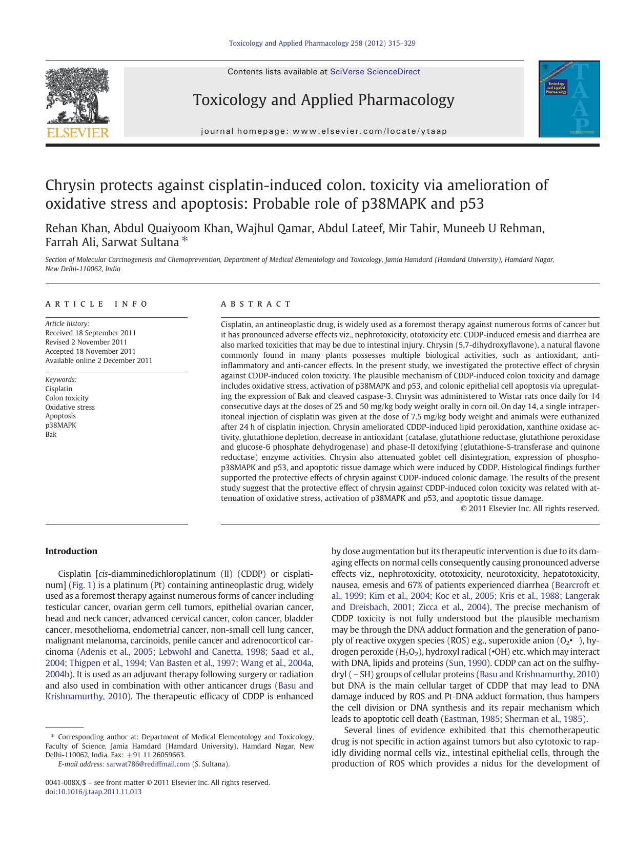 Chrysin protects against cisplatin-induced colon. toxicity via amelioration of oxidative stress and apoptosis: Probable role of p38MAPK and p53 by unknow