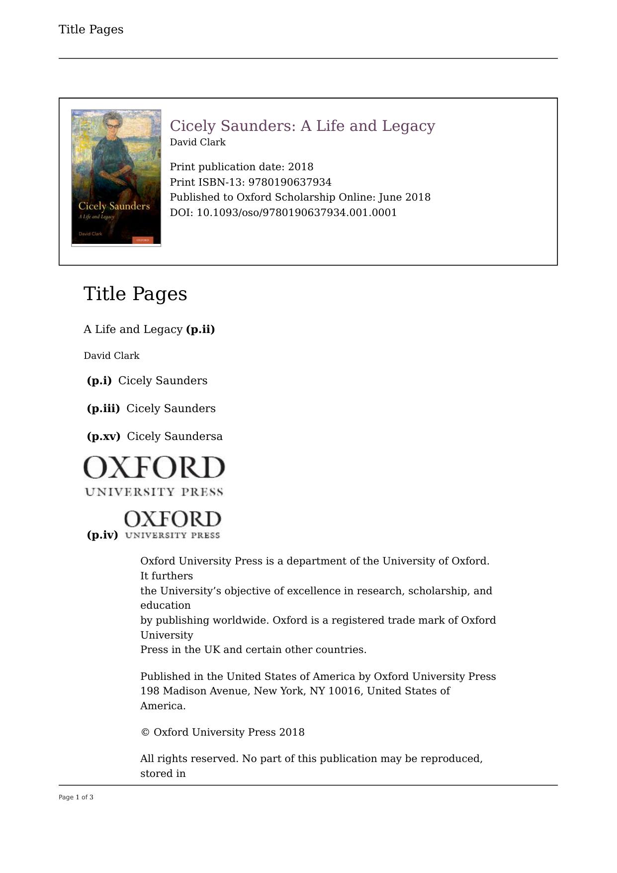 Cicely Saunders: A Life and Legacy by David Clark
