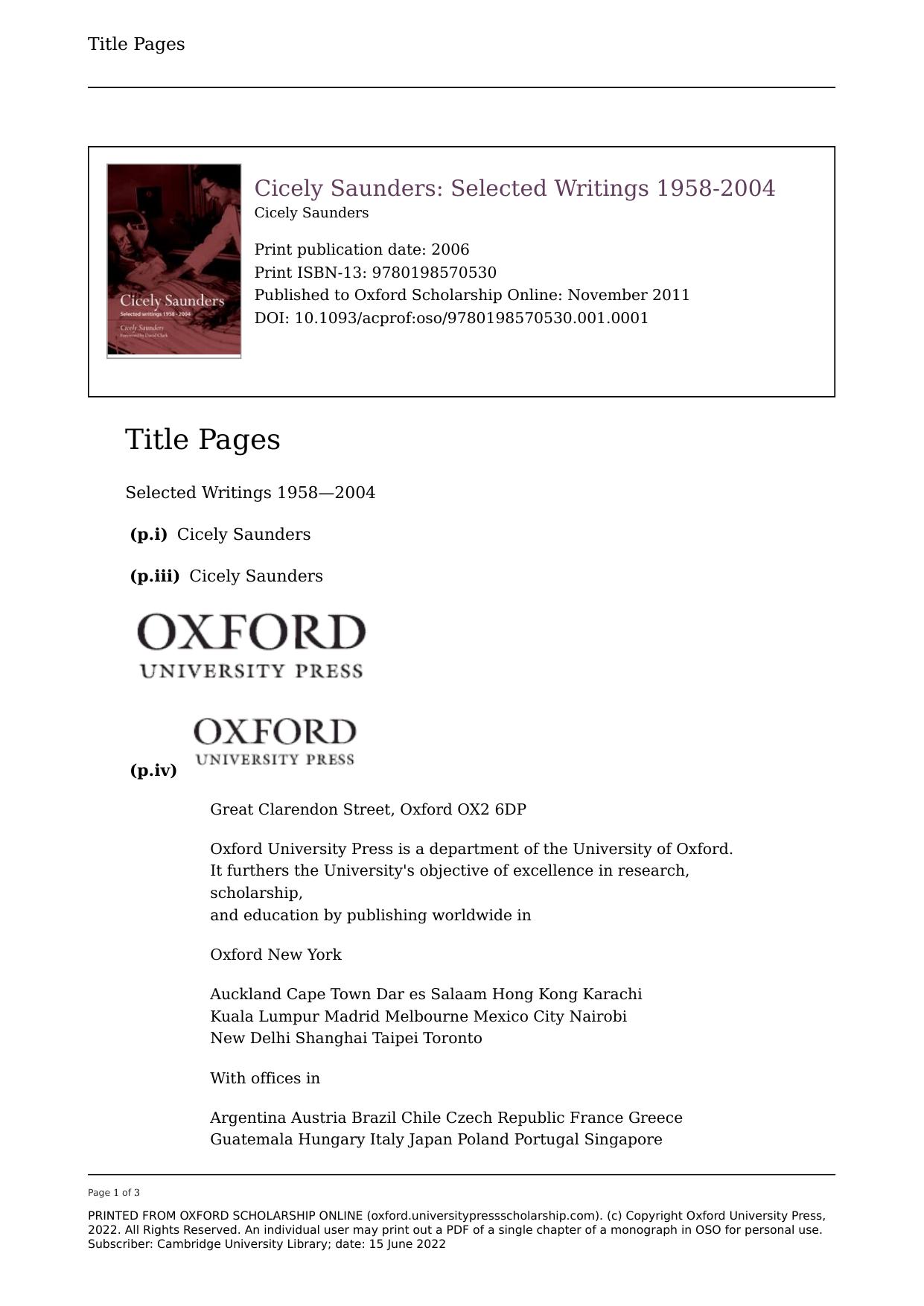 Cicely Saunders: Selected Writings 1958-2004 by Cicely Saunders