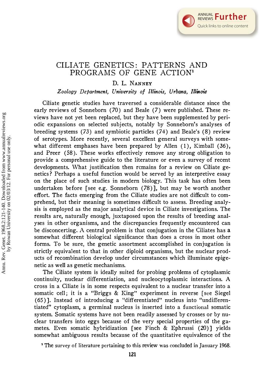 Ciliate Genetics: Patterns and Programs of Gene Action by D L Nanney