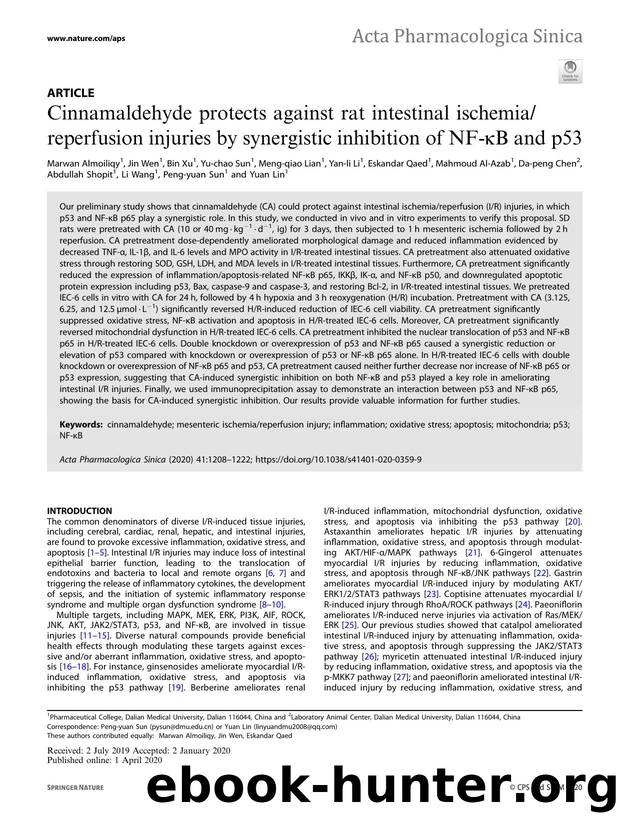Cinnamaldehyde protects against rat intestinal ischemiareperfusion injuries by synergistic inhibition of NF-ÃÂºB and p53 by unknow