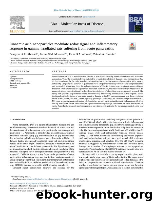 Cinnamic acid nanoparticles modulate redox signal and inflammatory response in gamma irradiated rats suffering from acute pancreatitis by Omayma A.R. Abozaid & Fatma S.M. Moawed & Esraa S.A. Ahmed & Zeinab A. Ibrahim