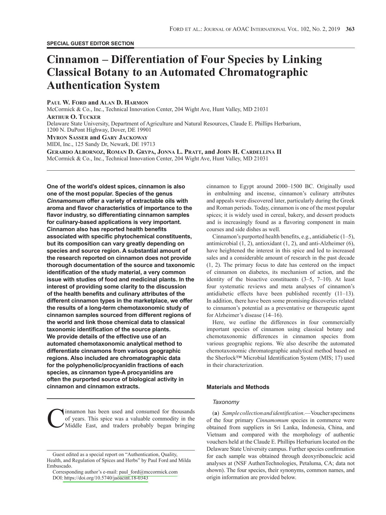 Cinnamon ÃÅ Differentiation of Four Species by Linking Classical Botany to an Automated Chromatographic Authentication System by unknow