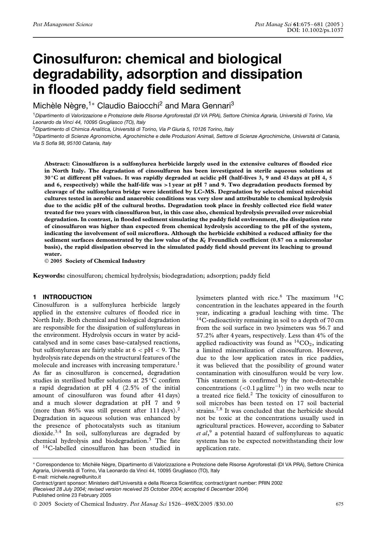 Cinosulfuron: chemical and biological degradability, adsorption and dissipation in flooded paddy field sediment by Unknown