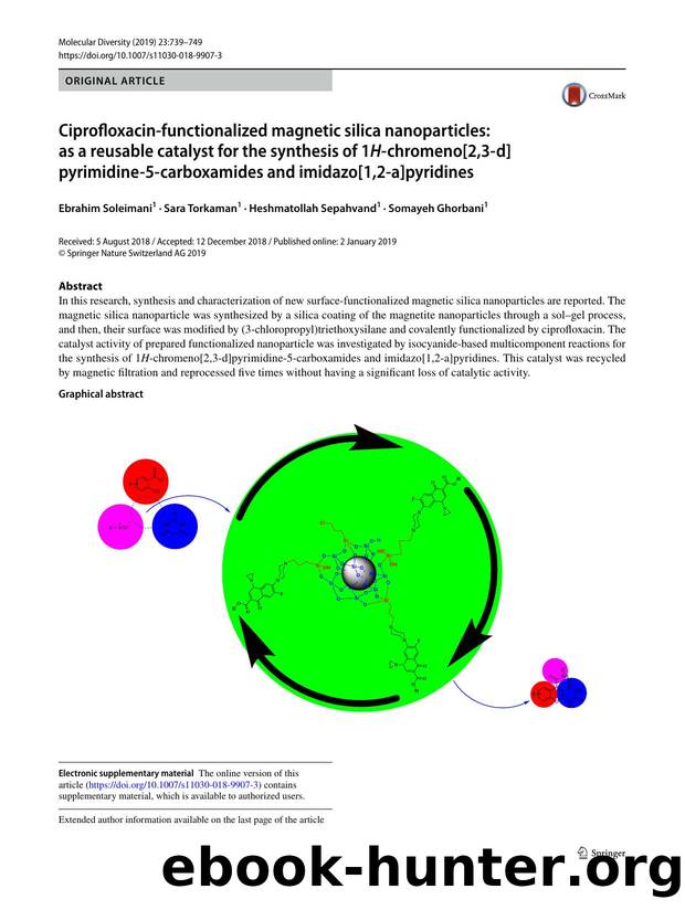 Ciprofloxacin-functionalized magnetic silica nanoparticles: as a reusable catalyst for the synthesis of 1H-chromeno[2,3-d]pyrimidine-5-carboxamides and imidazo[1,2-a]pyridines by Ebrahim Soleimani & Sara Torkaman & Heshmatollah Sepahvand & Somayeh Ghorbani