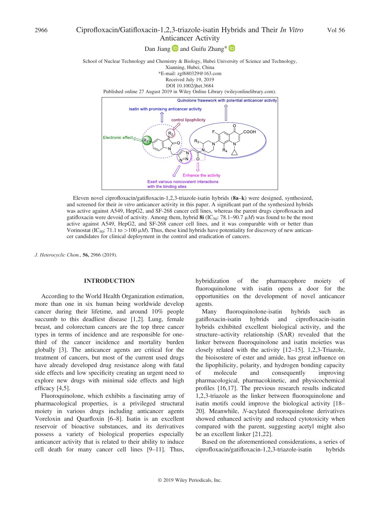 CiprofloxacinGatifloxacinâ1,2,3âtriazoleâisatin Hybrids and Their In Vitro Anticancer Activity by Dan Jiang & Guifu Zhang
