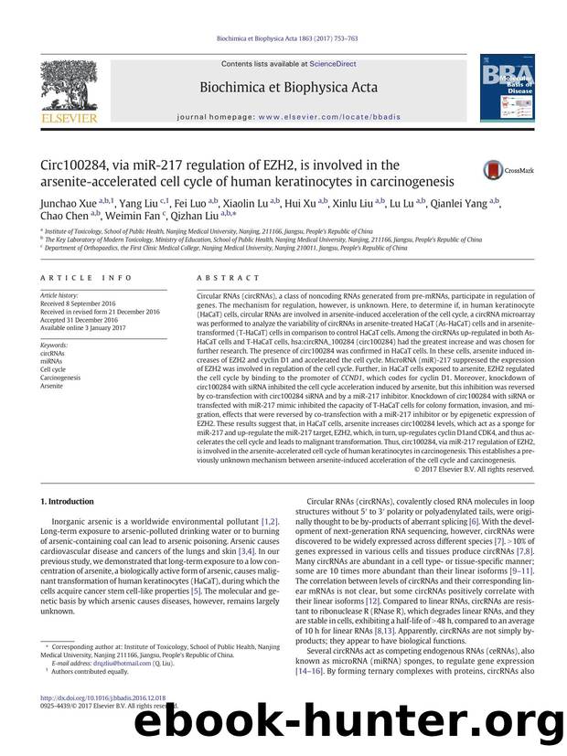 Circ100284, via miR-217 regulation of EZH2, is involved in the arsenite-accelerated cell cycle of human keratinocytes in carcinogenesis by unknow