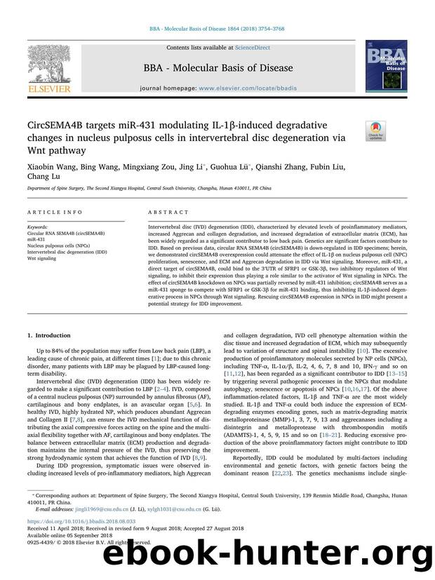 CircSEMA4B targets miR-431 modulating IL-1Î²-induced degradative changes in nucleus pulposus cells in intervertebral disc degeneration via Wnt pathway by unknow