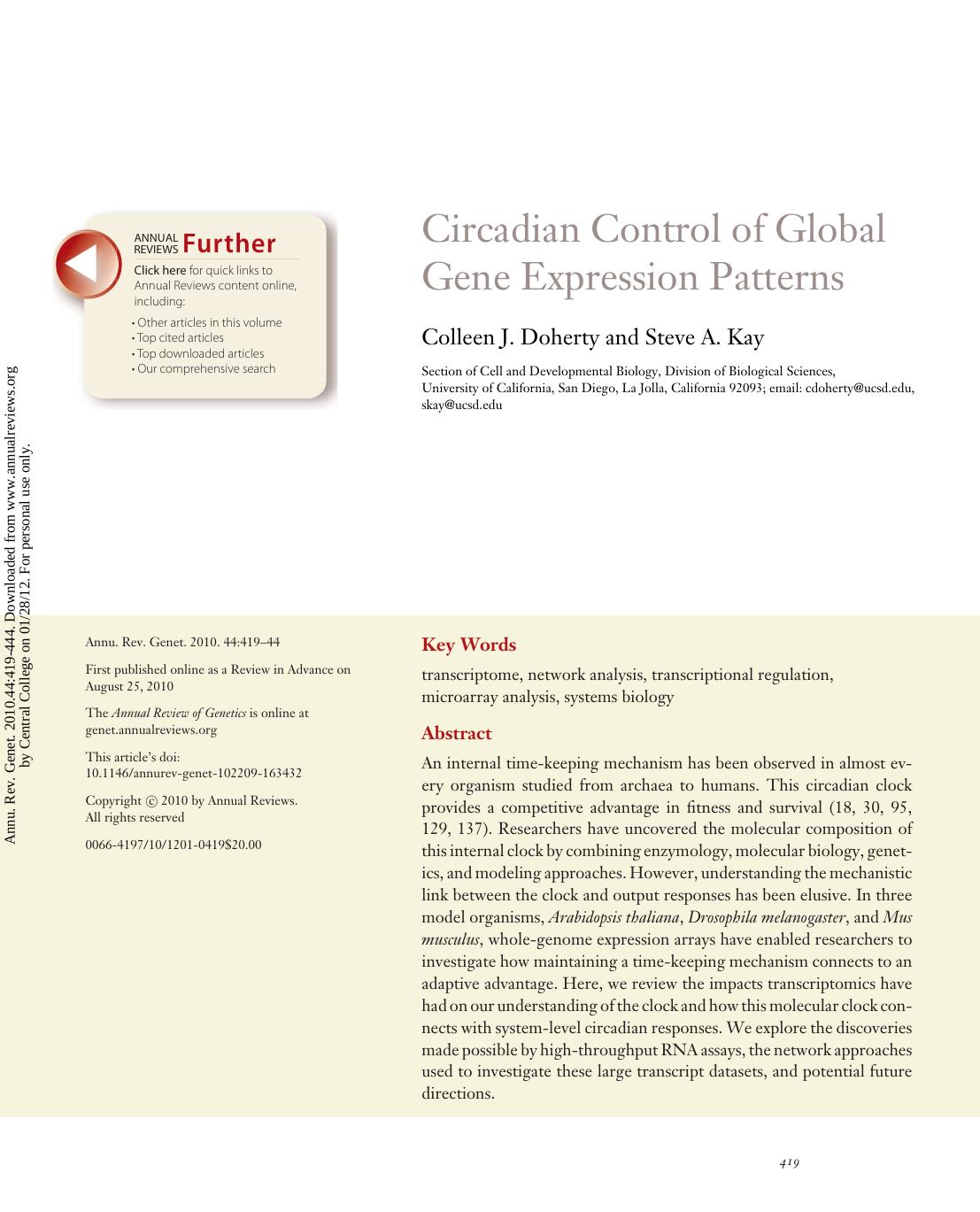 Circadian Control of Global Gene Expression Patterns by Colleen J. Doherty & Steve A. Kay